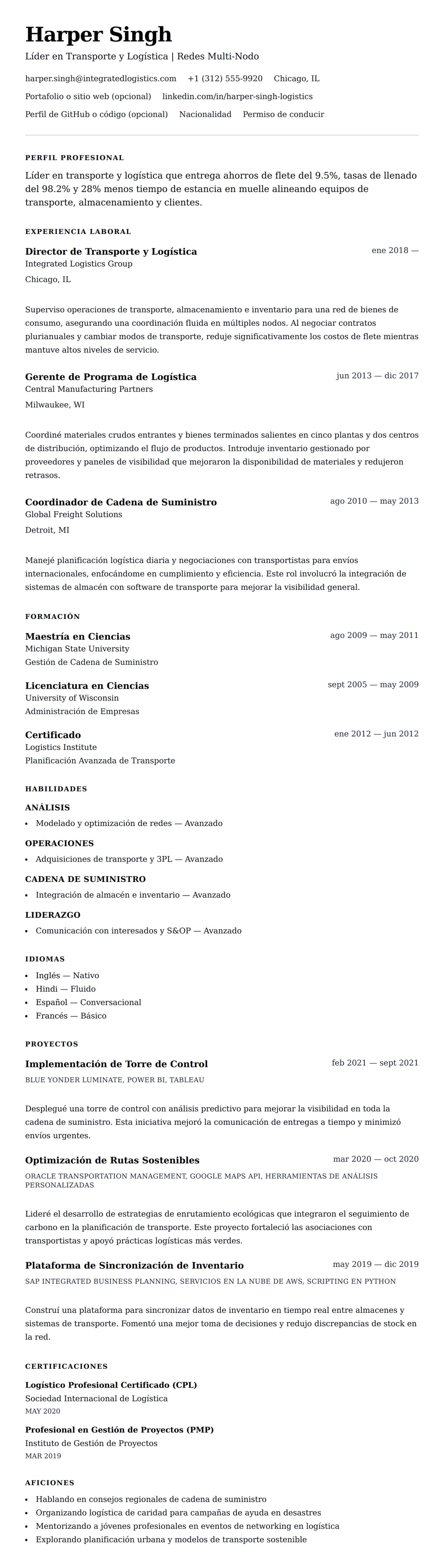 Vista previa del currículum Ejemplo de Currículum de Profesional en Transporte y Logística