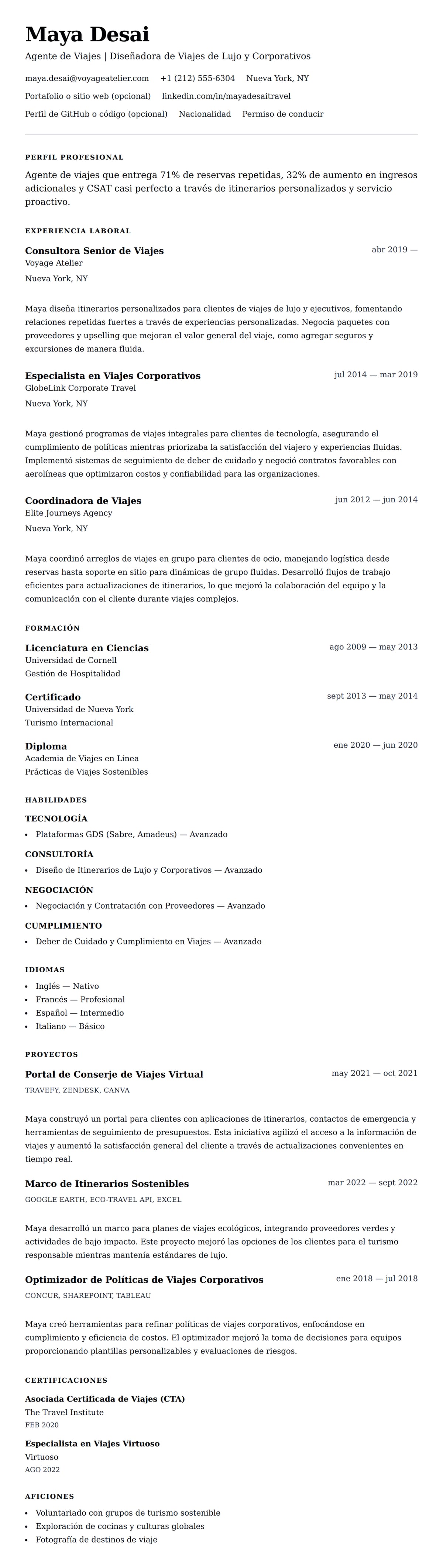 Vista previa del currículum Ejemplo de Currículum de Agente de Viajes