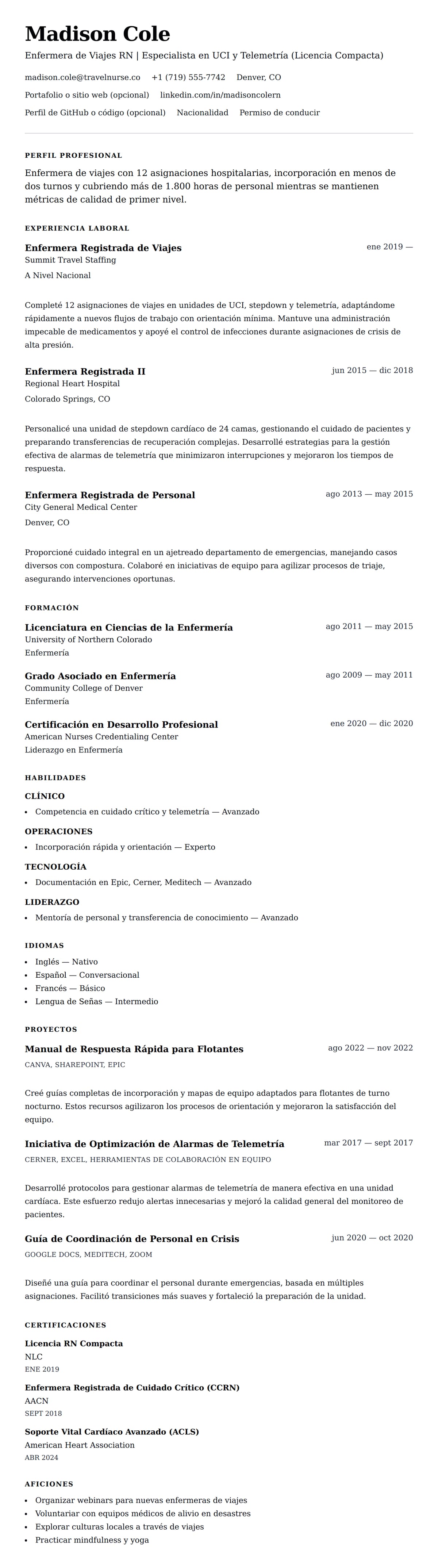 Vista previa del currículum Ejemplo de Currículum de Enfermera de Viajes