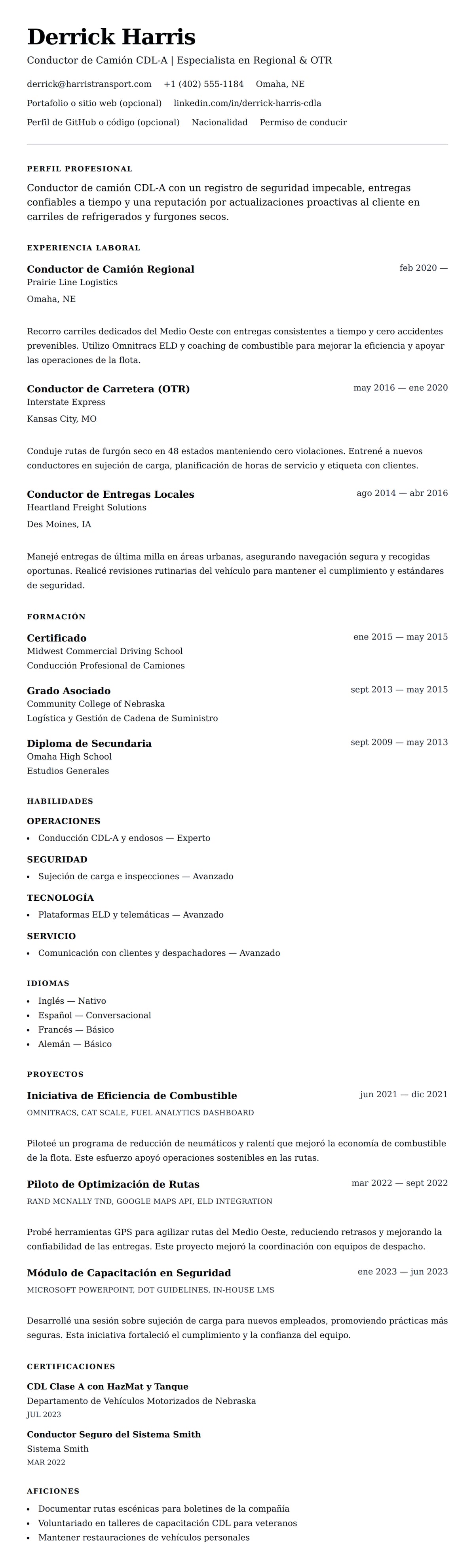 Vista previa del currículum Ejemplo de Currículum de Conductor de Camión