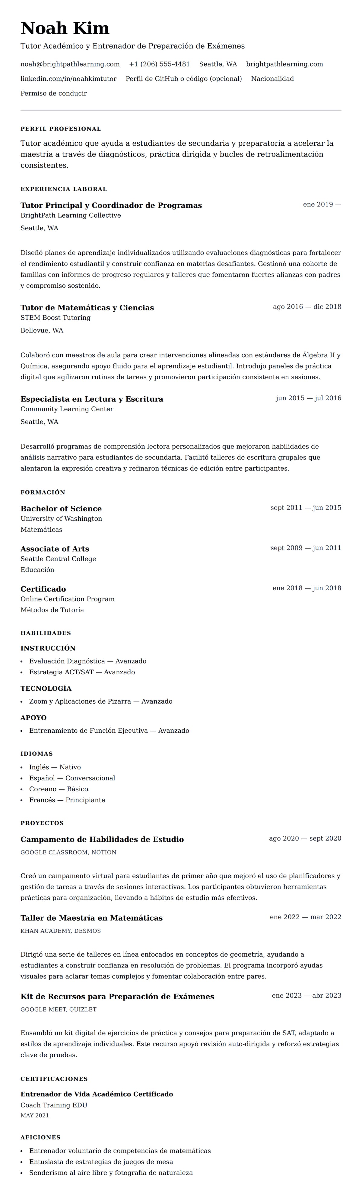 Vista previa del currículum Ejemplo de Currículum de Tutor