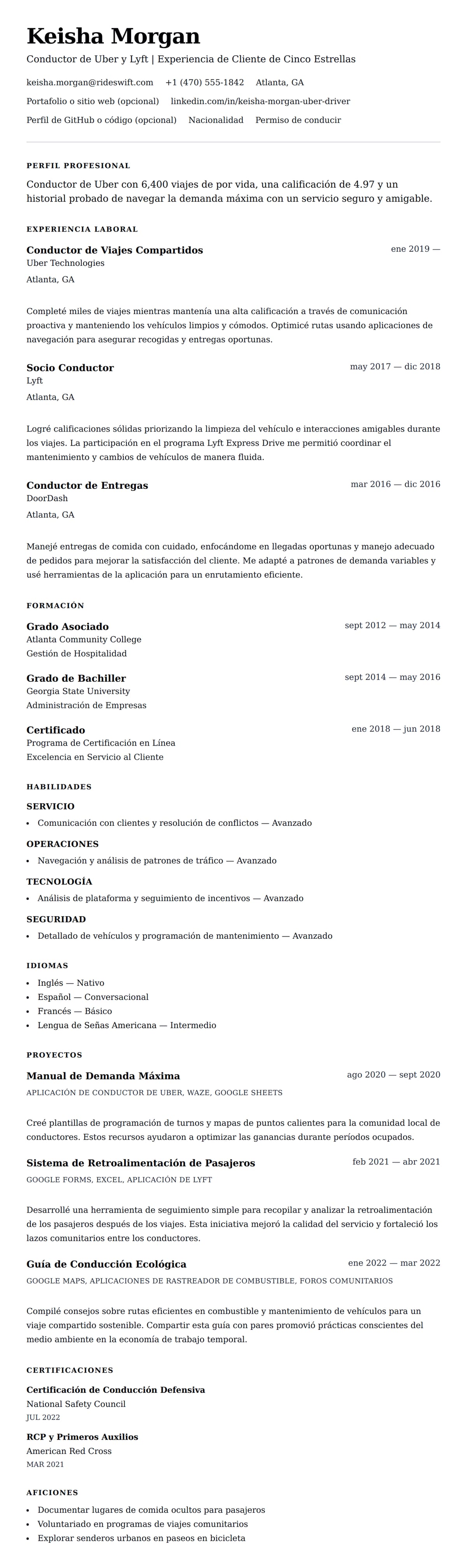 Vista previa del currículum Ejemplo de Currículum de Conductor de Uber