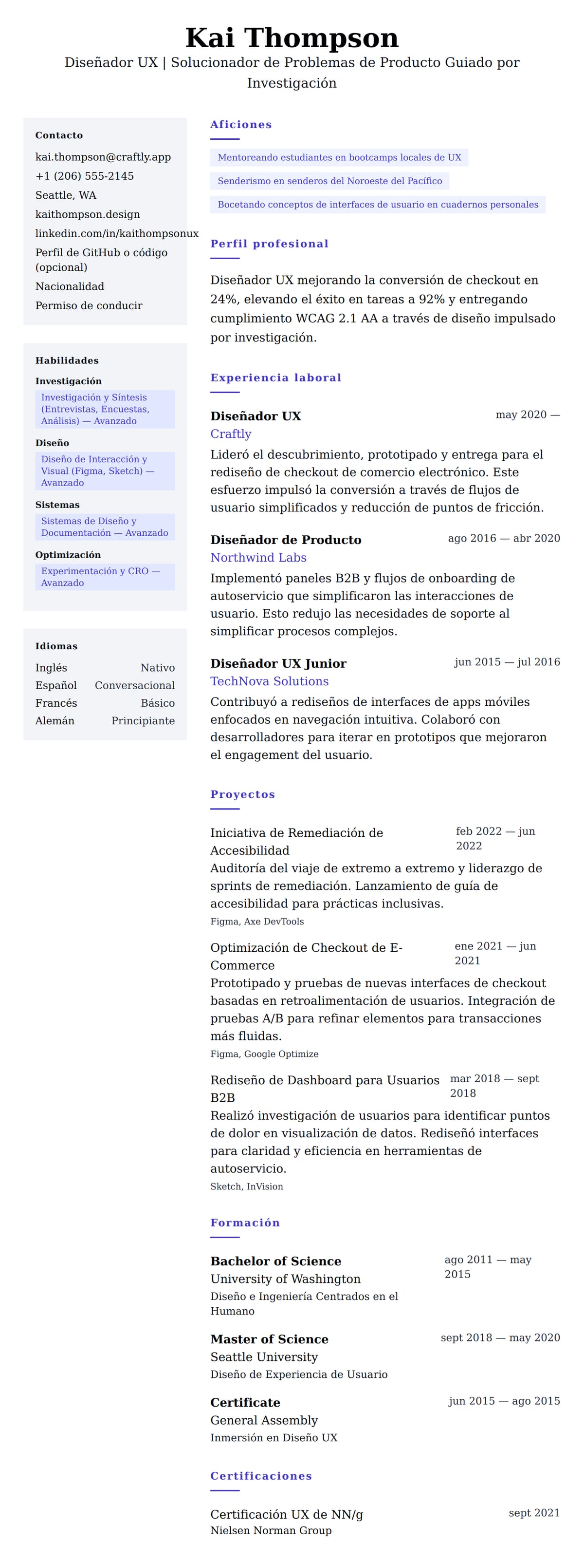 Vista previa del currículum Ejemplo de Currículum de Diseñador UX