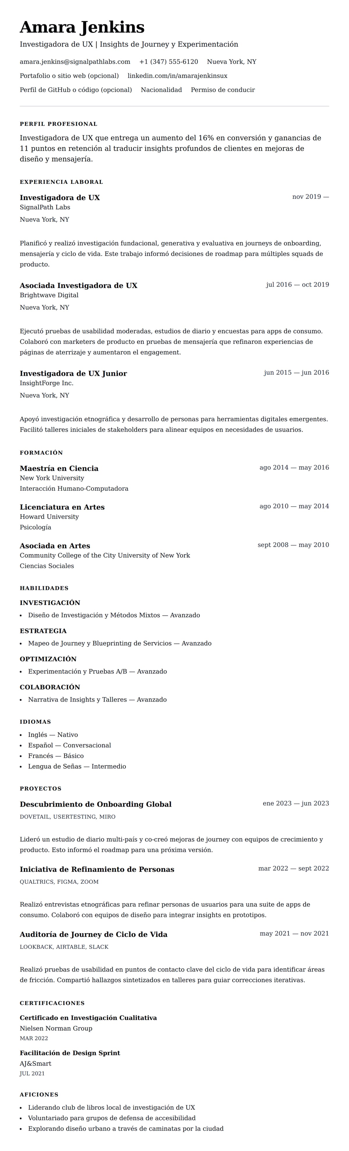 Vista previa del currículum Ejemplo de Currículum de Investigador de UX