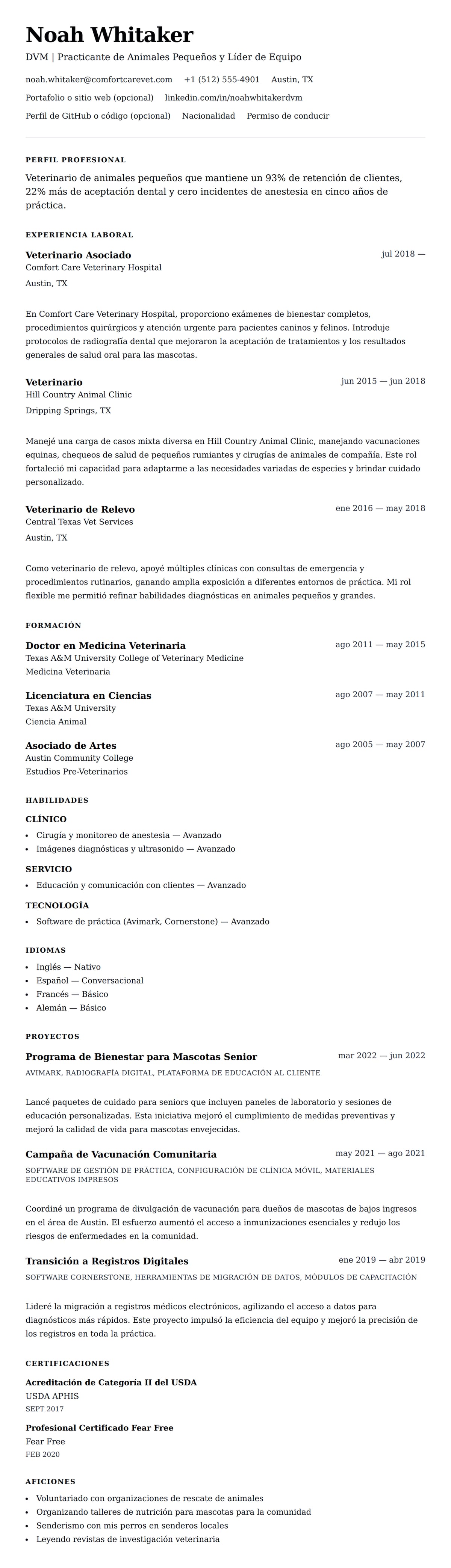 Vista previa del currículum Ejemplo de Currículum de Veterinario