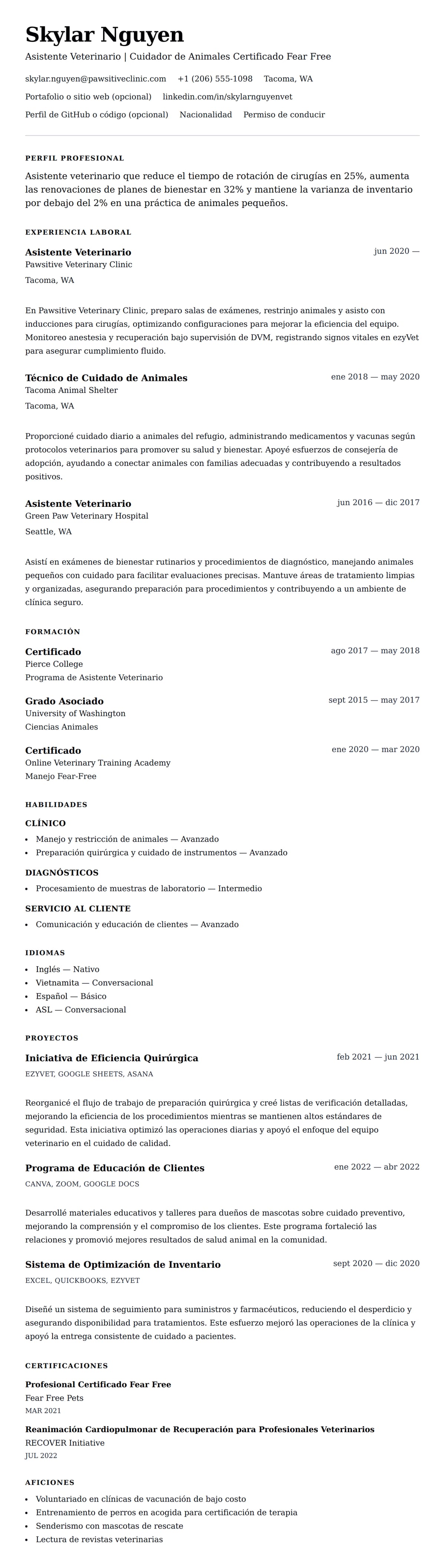 Vista previa del currículum Ejemplo de Currículum de Asistente Veterinario