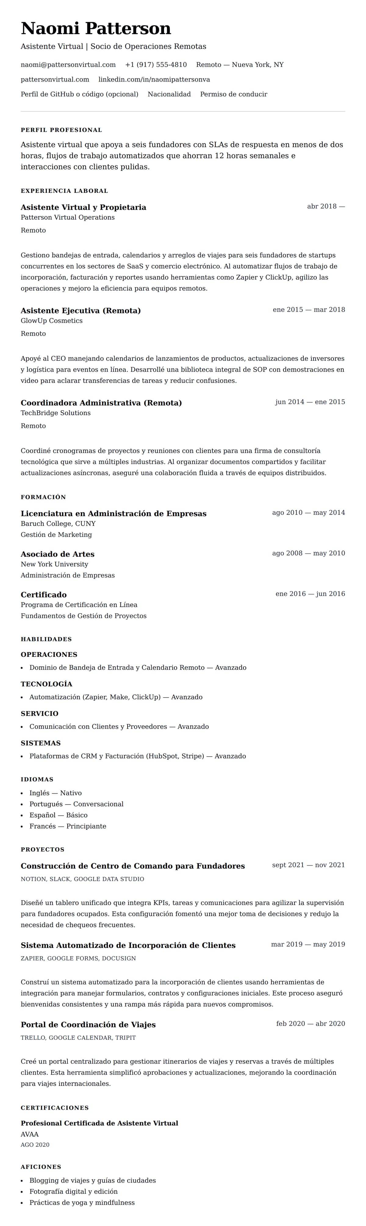 Vista previa del currículum Ejemplo de Currículum de Asistente Virtual