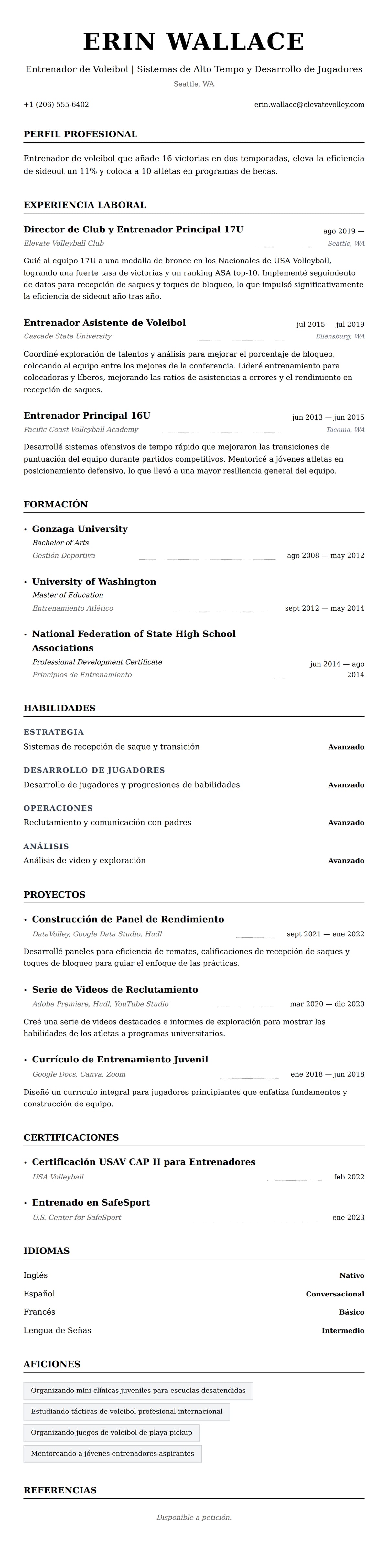 Vista previa del currículum Ejemplo de Currículum de Entrenador de Voleibol