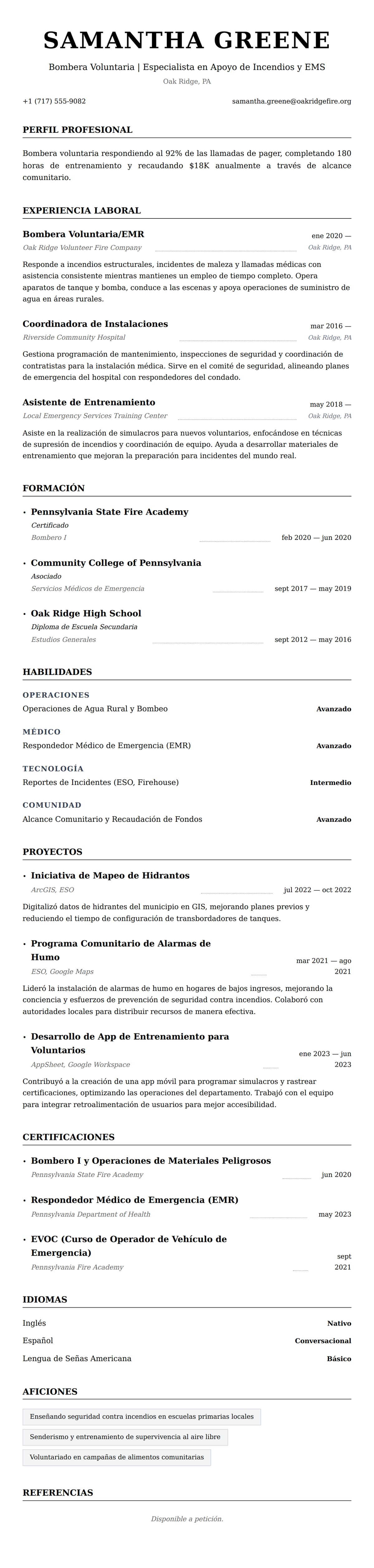 Vista previa del currículum Ejemplo de Currículum de Bombero Voluntario