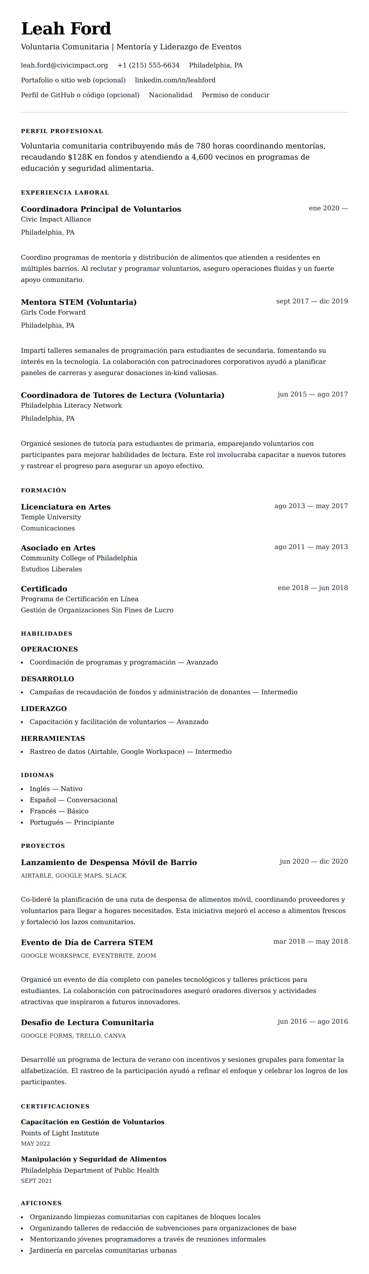 Vista previa del currículum Ejemplo de Currículum de Voluntario