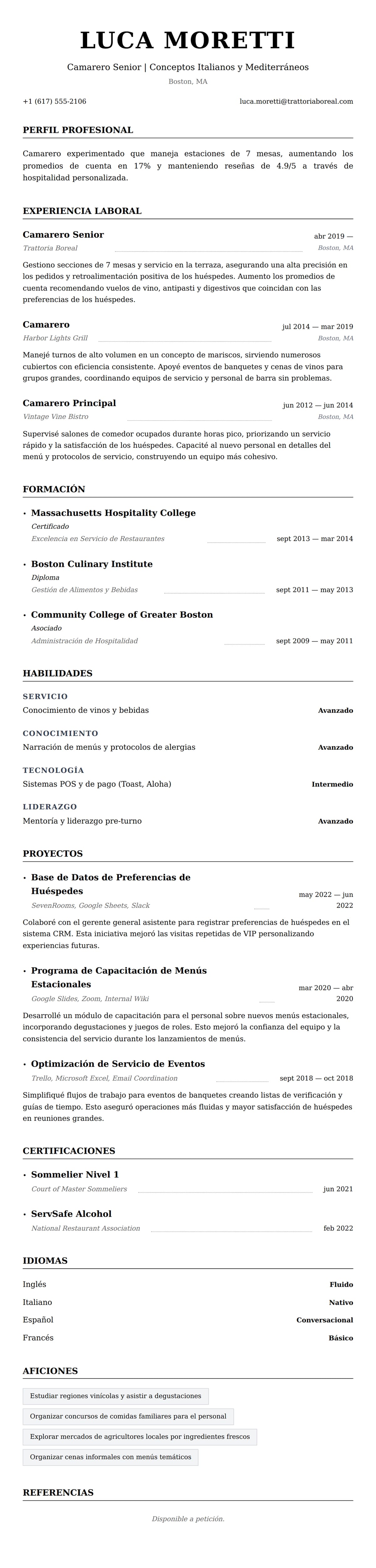 Vista previa del currículum Ejemplo de Currículum de Camarero
