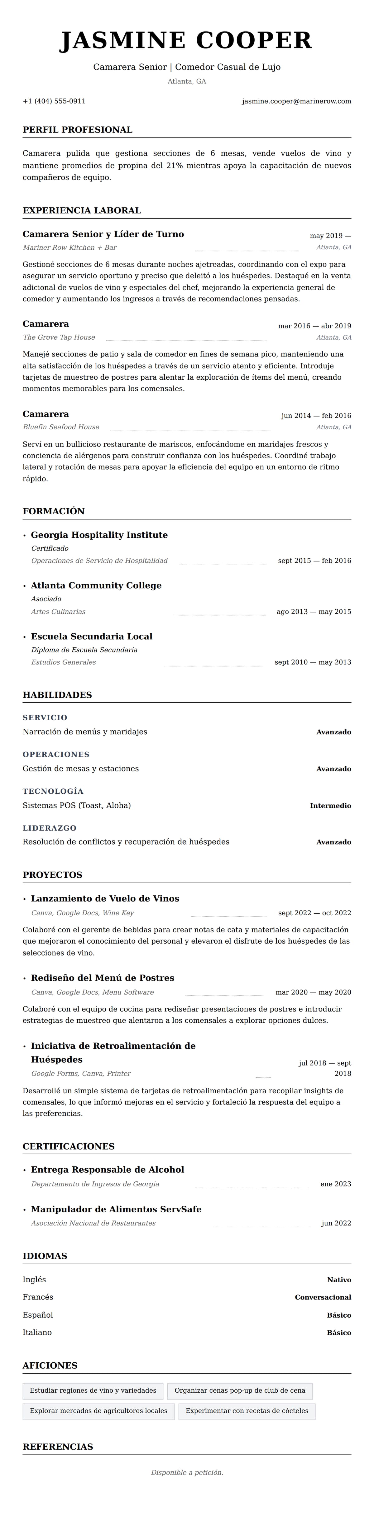 Vista previa del currículum Ejemplo de Currículum de Camarera