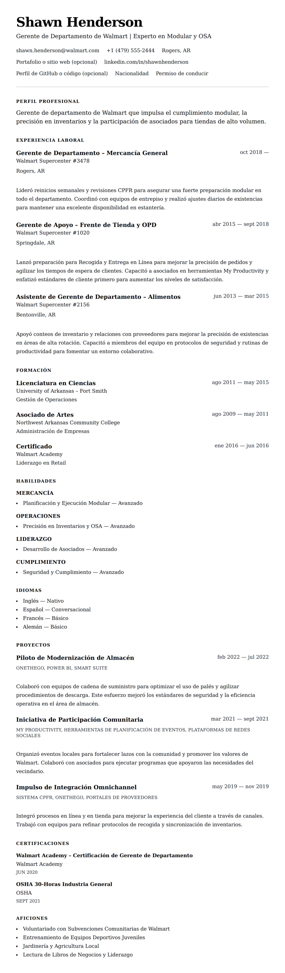 Vista previa del currículum Ejemplo de Currículum de Gerente de Departamento de Walmart
