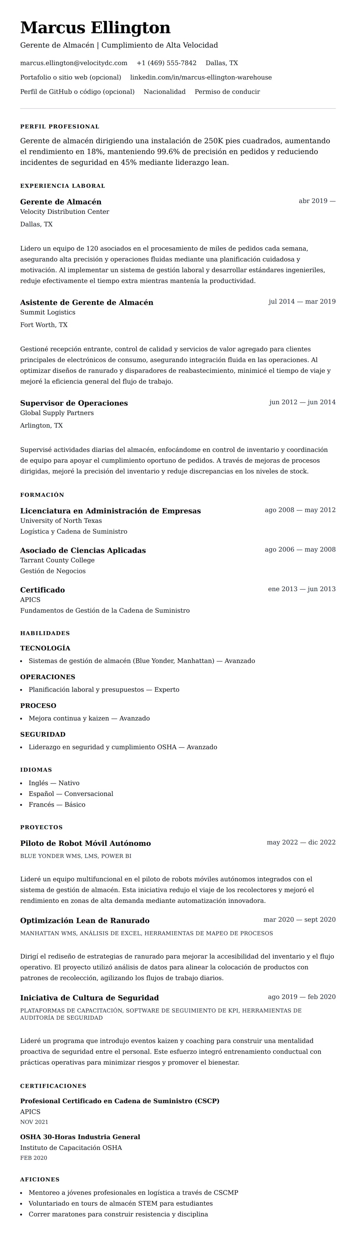 Vista previa del currículum Ejemplo de Currículum de Gerente de Almacén