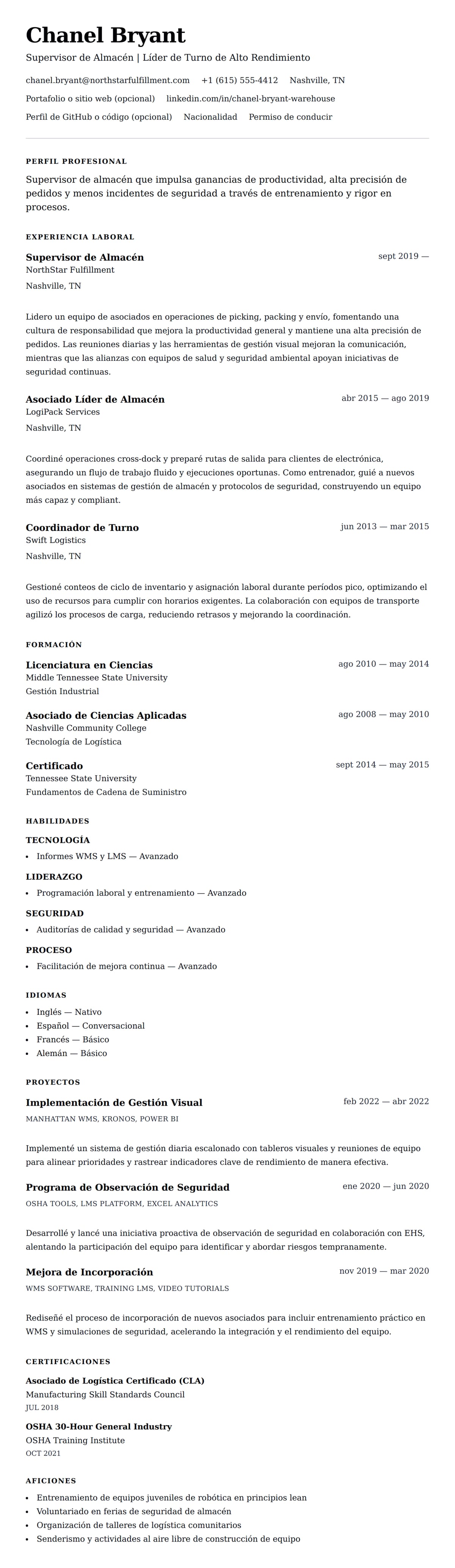 Vista previa del currículum Ejemplo de Currículum de Supervisor de Almacén