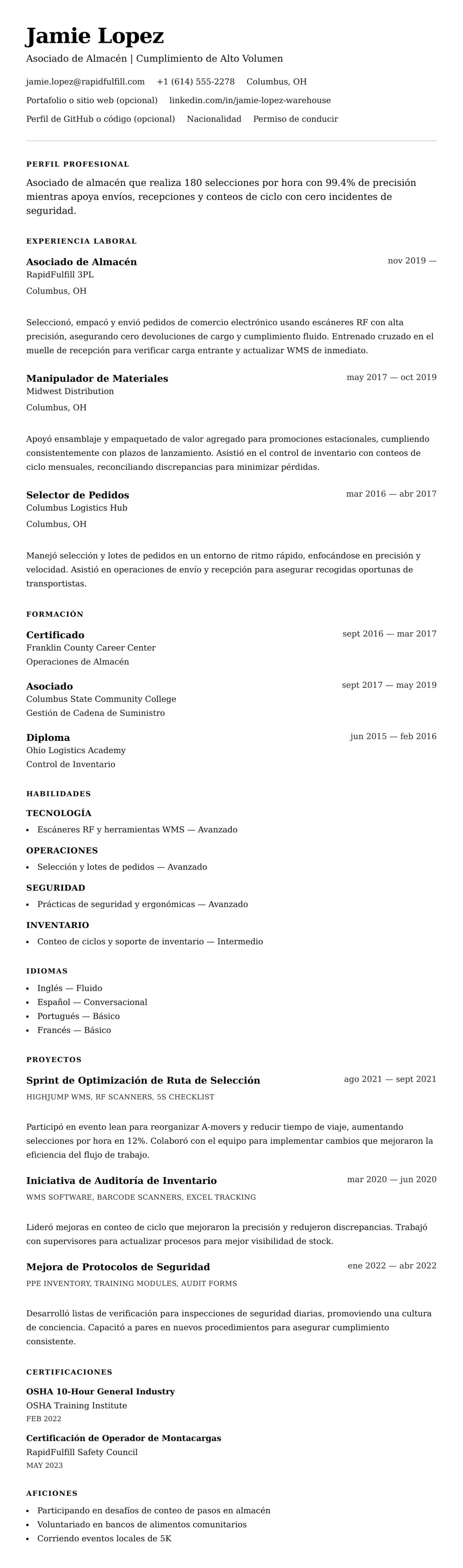 Vista previa del currículum Ejemplo de Currículum de Trabajador de Almacén