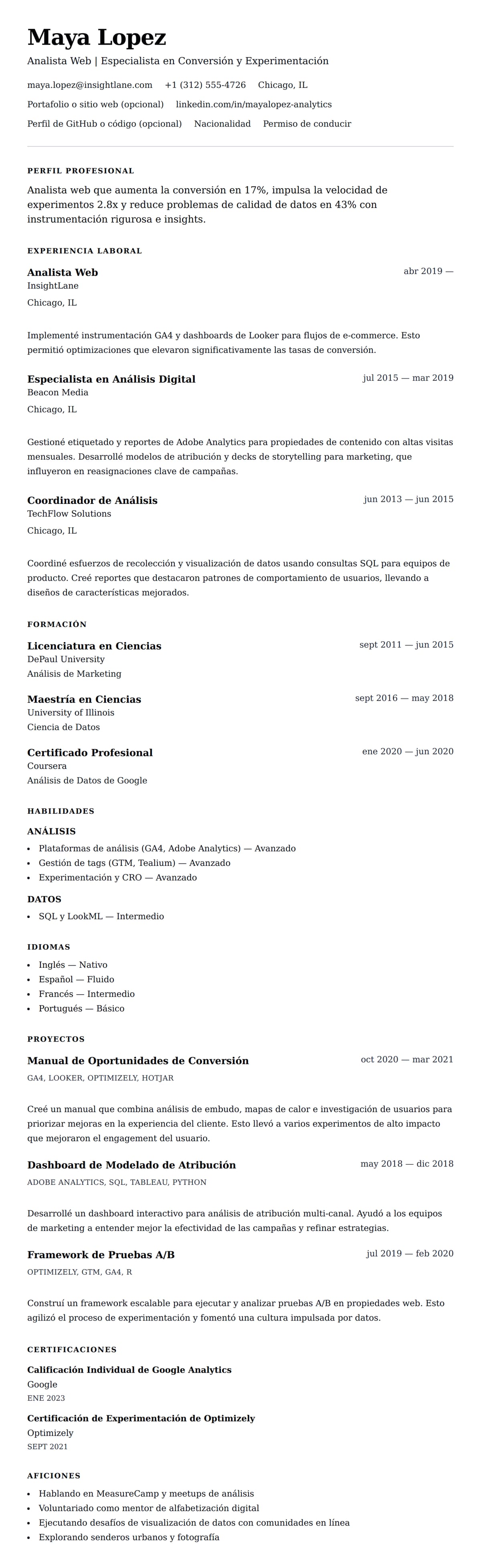 Vista previa del currículum Ejemplo de Currículum de Analista Web