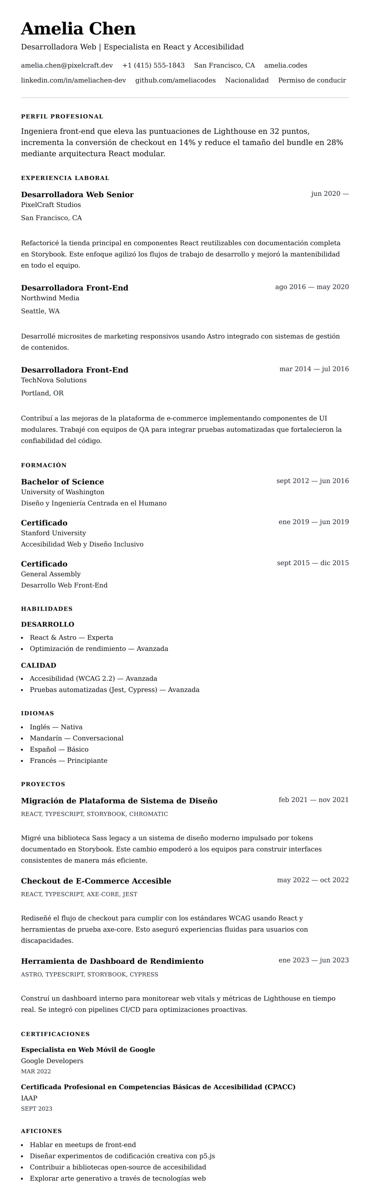 Vista previa del currículum Ejemplo de Currículum de Desarrollador Web