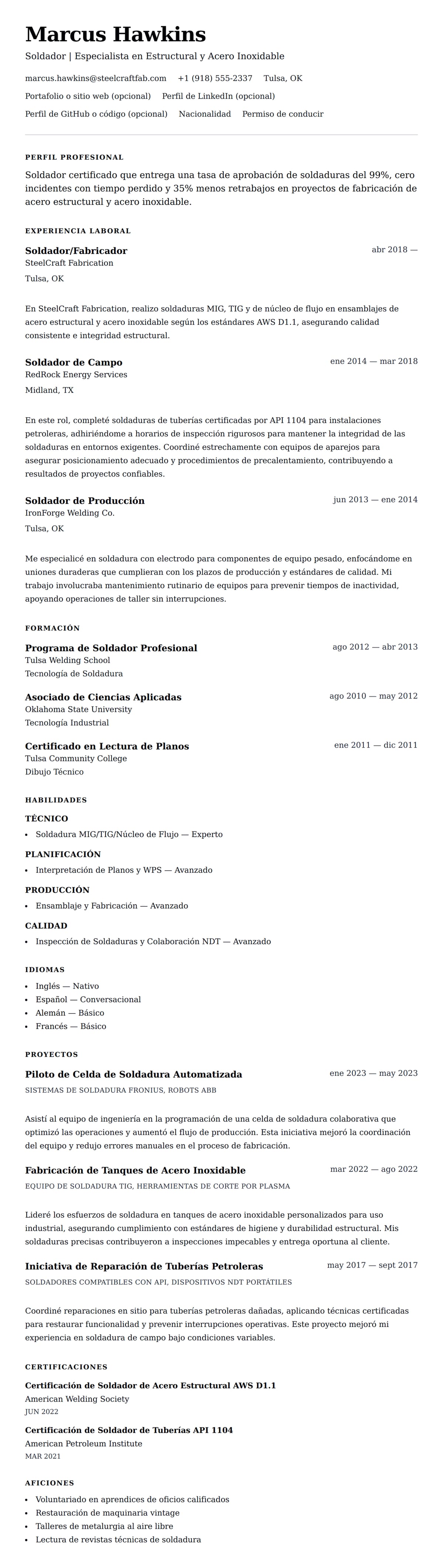 Vista previa del currículum Ejemplo de Currículum de Soldador
