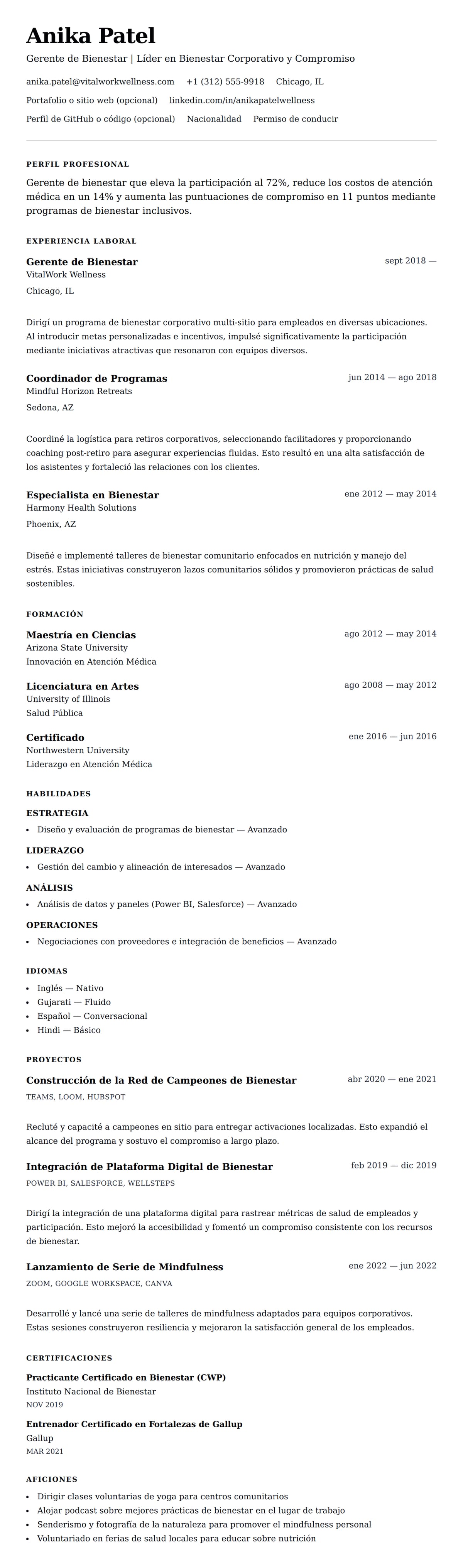 Vista previa del currículum Ejemplo de Currículum de Gerente de Bienestar