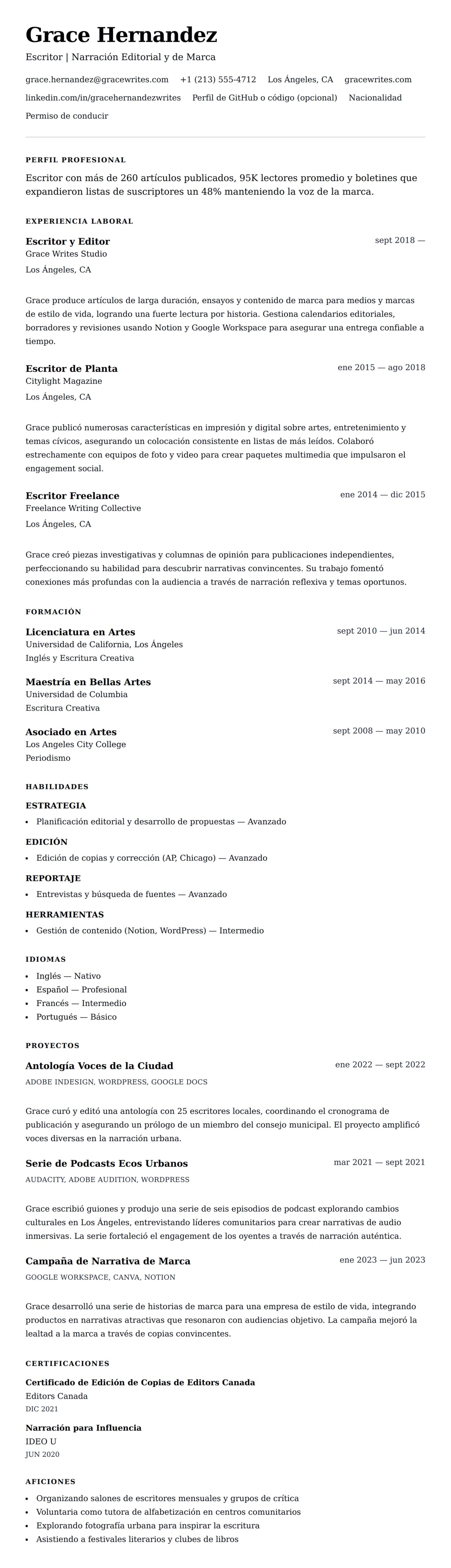 Vista previa del currículum Ejemplo de Currículum de Escritor