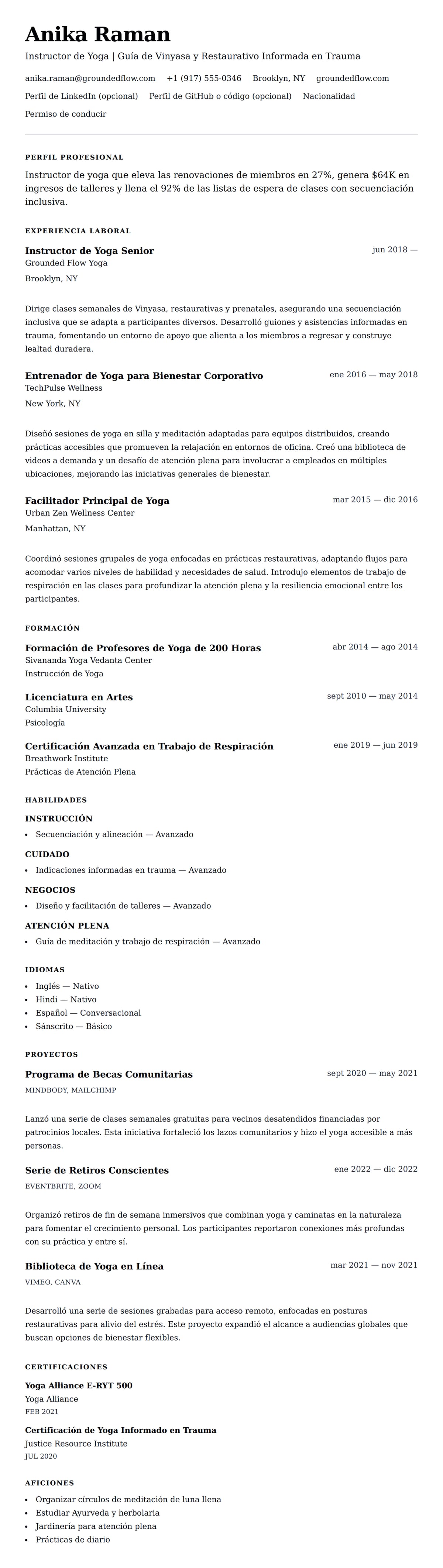 Vista previa del currículum Ejemplo de Currículum de Instructor de Yoga