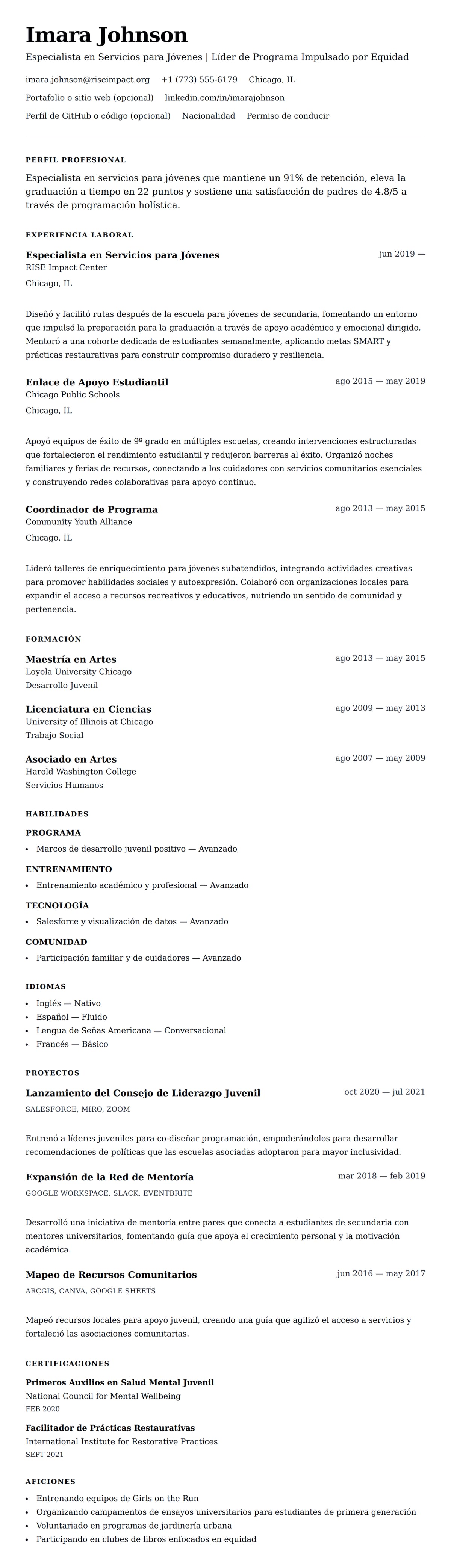 Vista previa del currículum Ejemplo de Currículum de Especialista en Servicios para Jóvenes