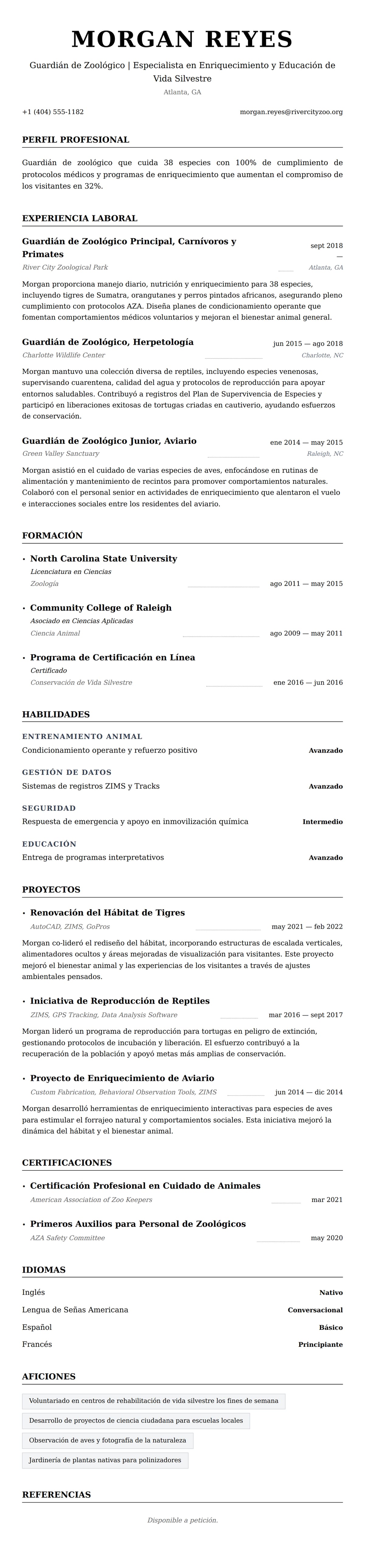 Vista previa del currículum Ejemplo de Currículum de Guardián de Zoológico