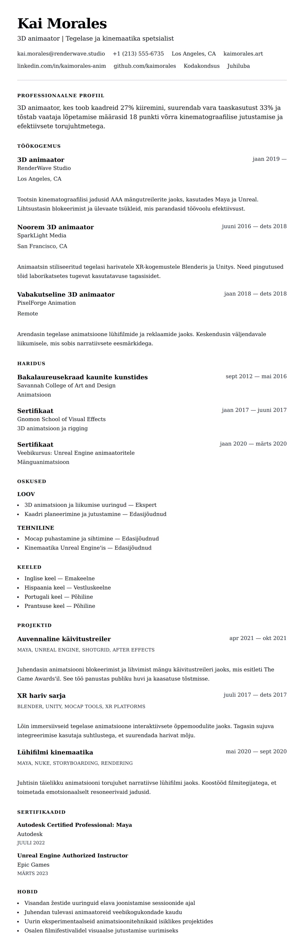 CV eelvaade 3D animaatori CV näide jaoks