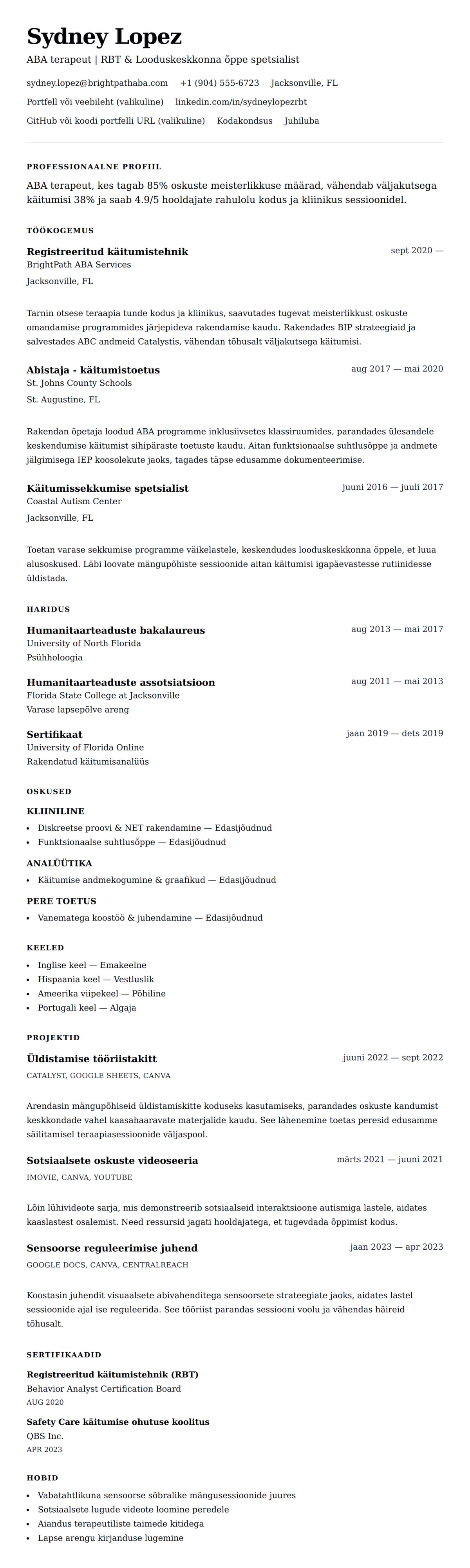 CV eelvaade ABA terapeudi CV näidis jaoks
