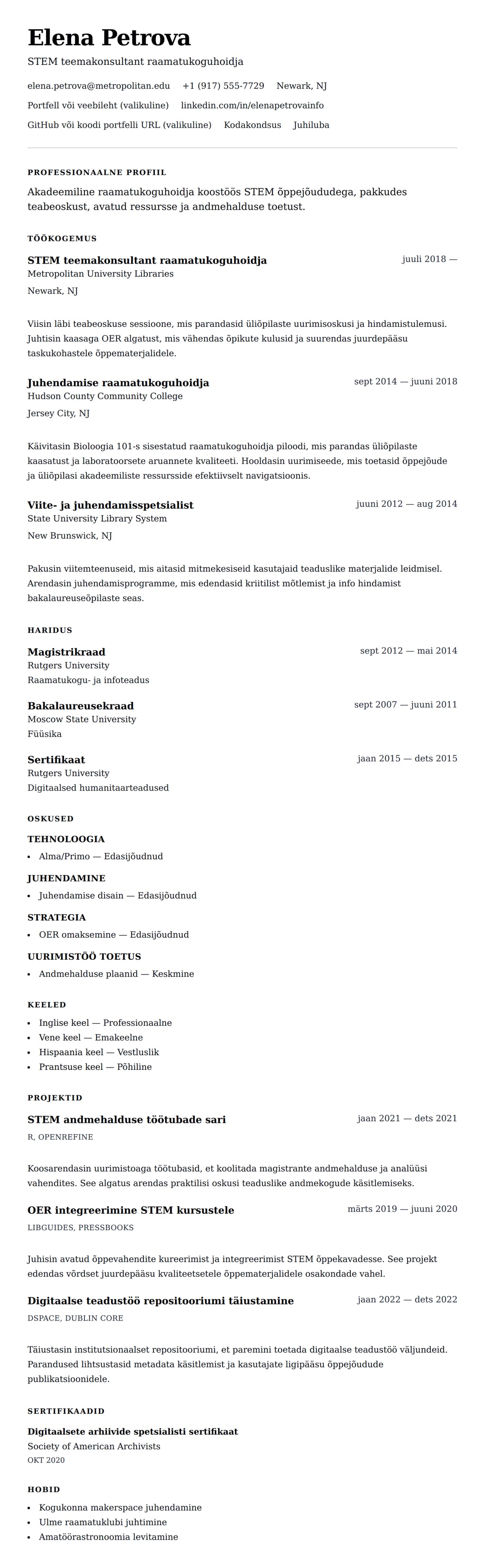 CV eelvaade Akadeemilise raamatukoguhoidja CV näide jaoks