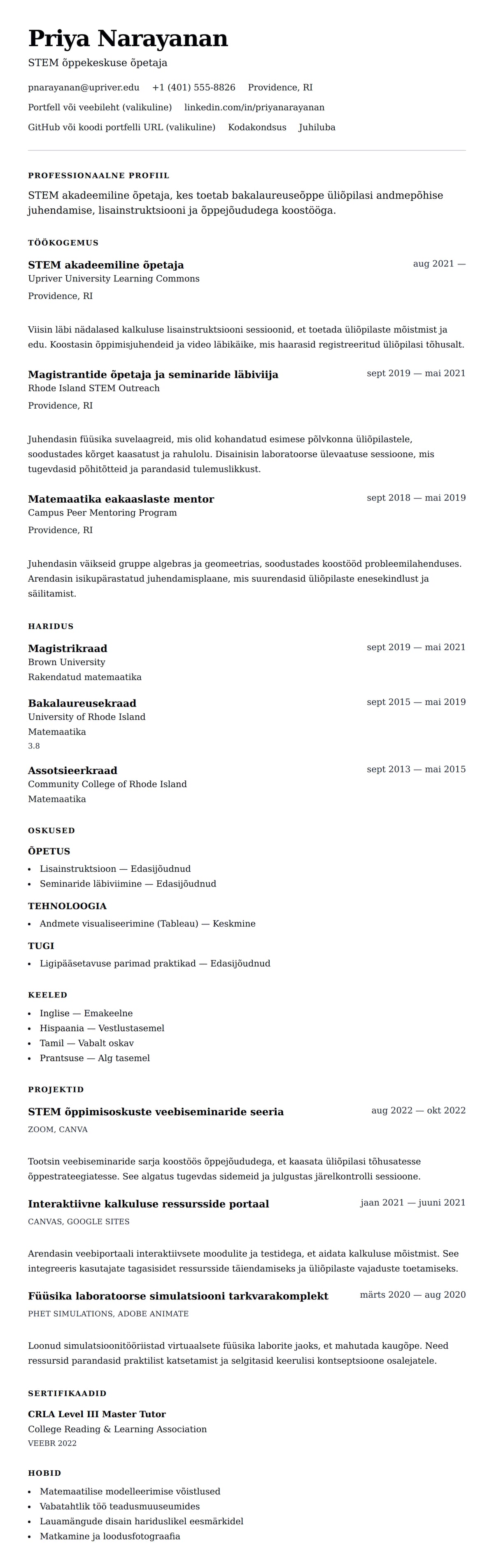 CV eelvaade Akadeemilise õpetaja CV näide jaoks