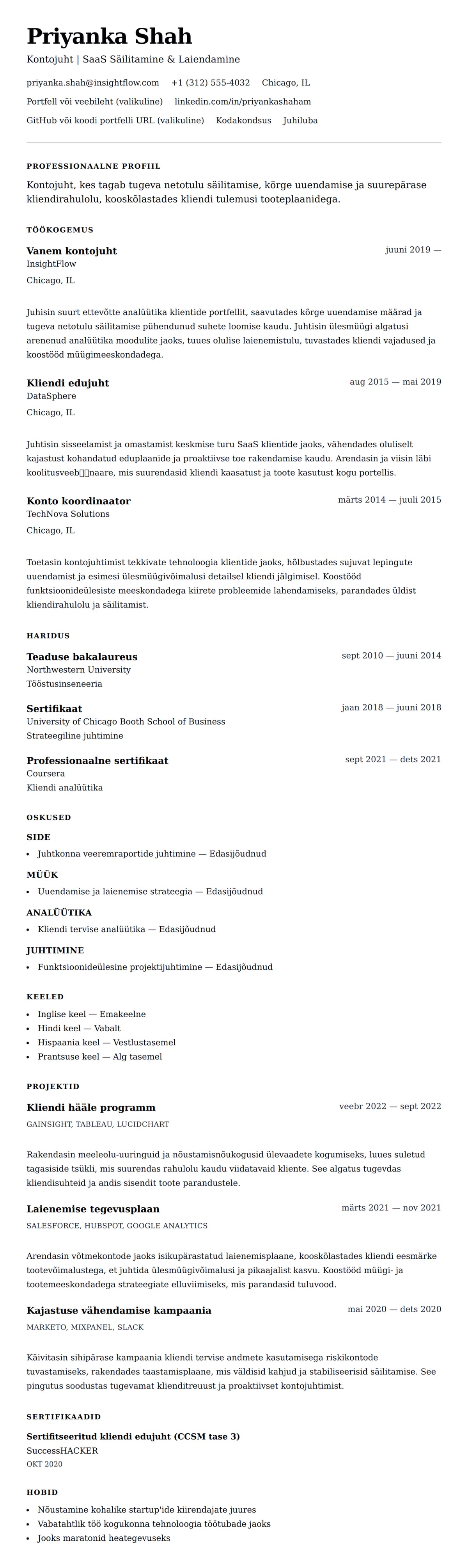 CV eelvaade Kontojuhi CV näidis jaoks