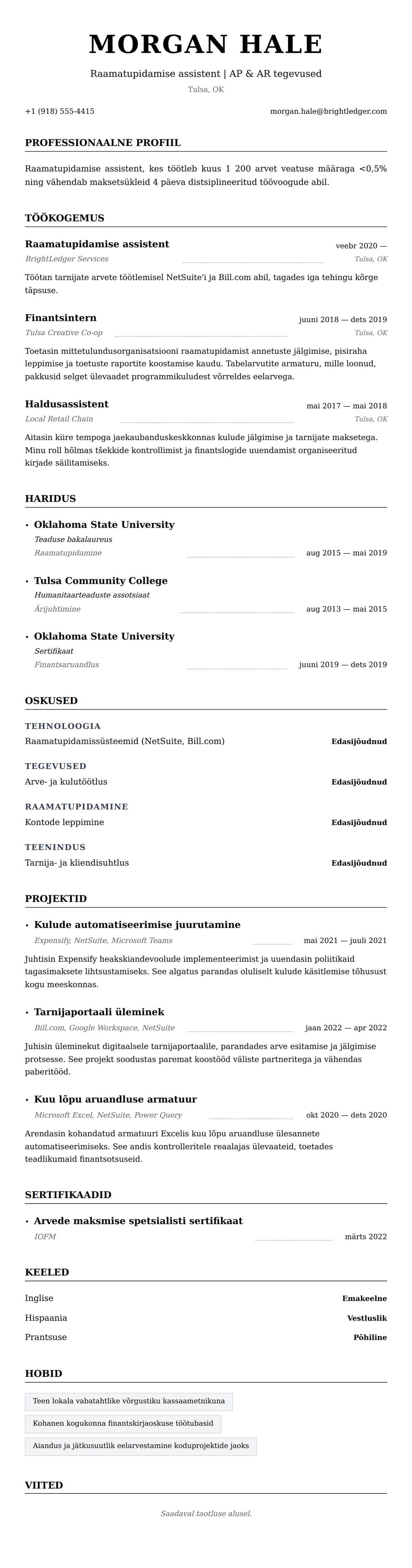 CV eelvaade Raamatupidamise assistendi CV näide jaoks