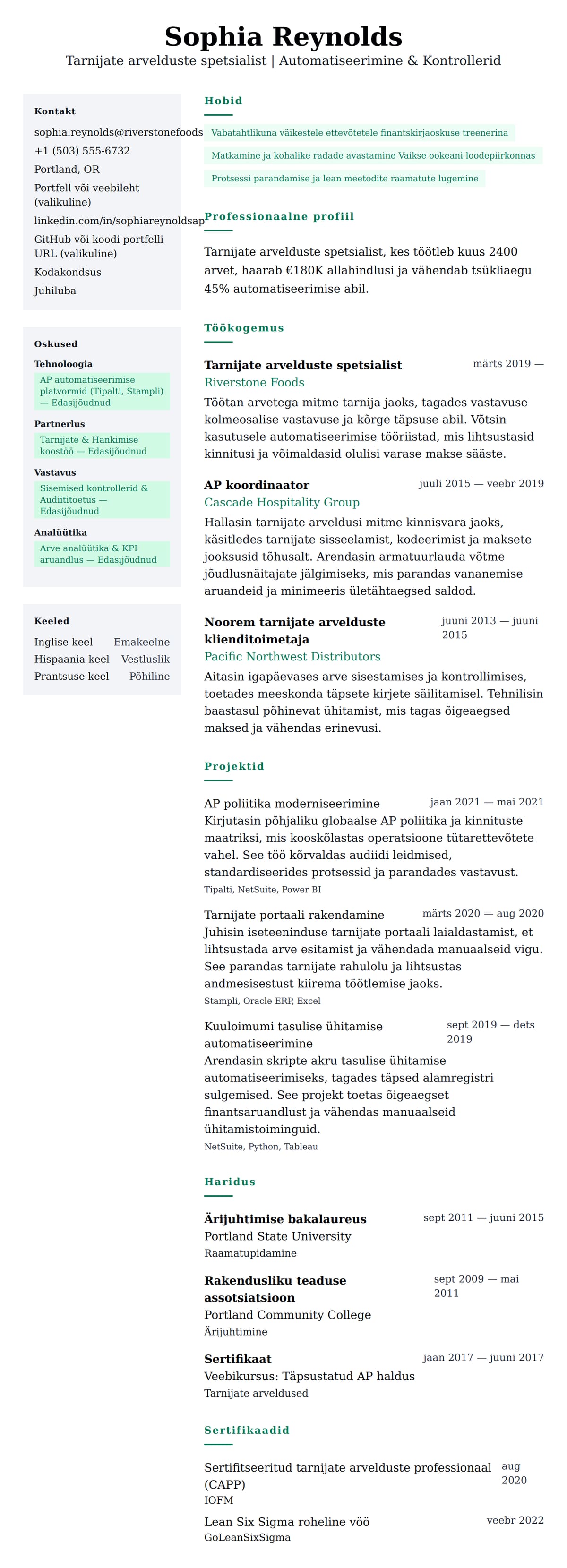 CV eelvaade Tarnijate arvelduste spetsialisti CV näide jaoks