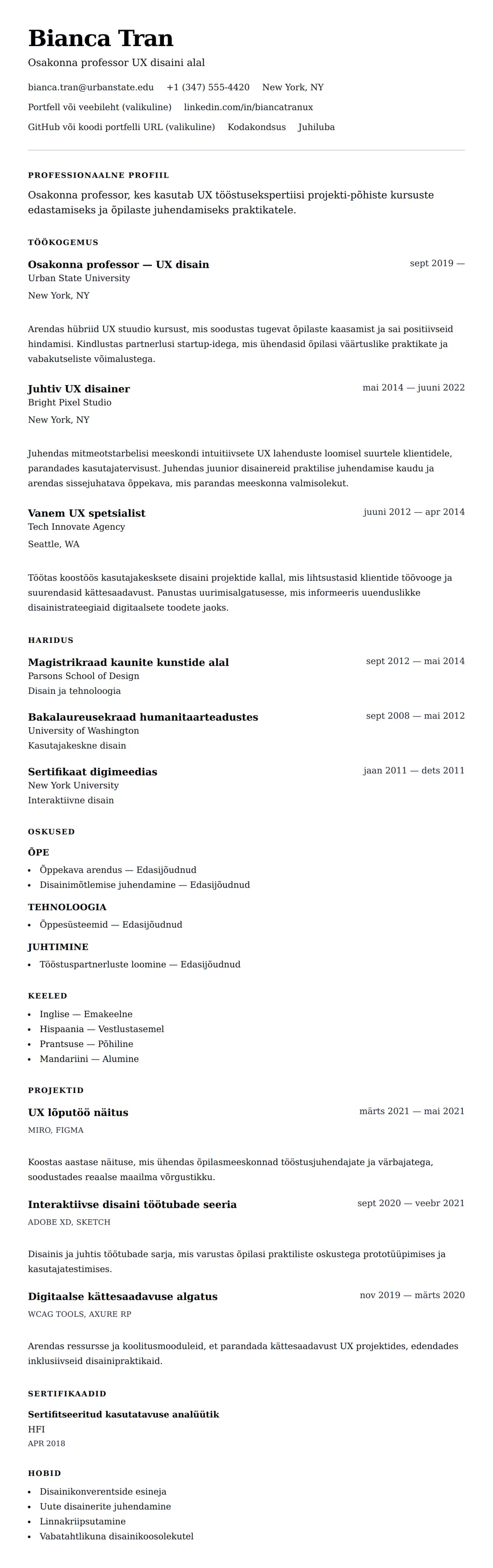 CV eelvaade Osakonna professori CV näide jaoks