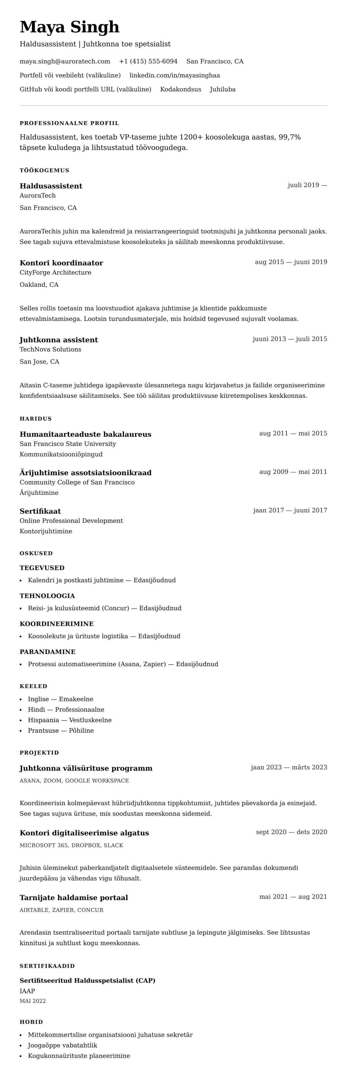 CV eelvaade Haldusassistendi CV näide jaoks