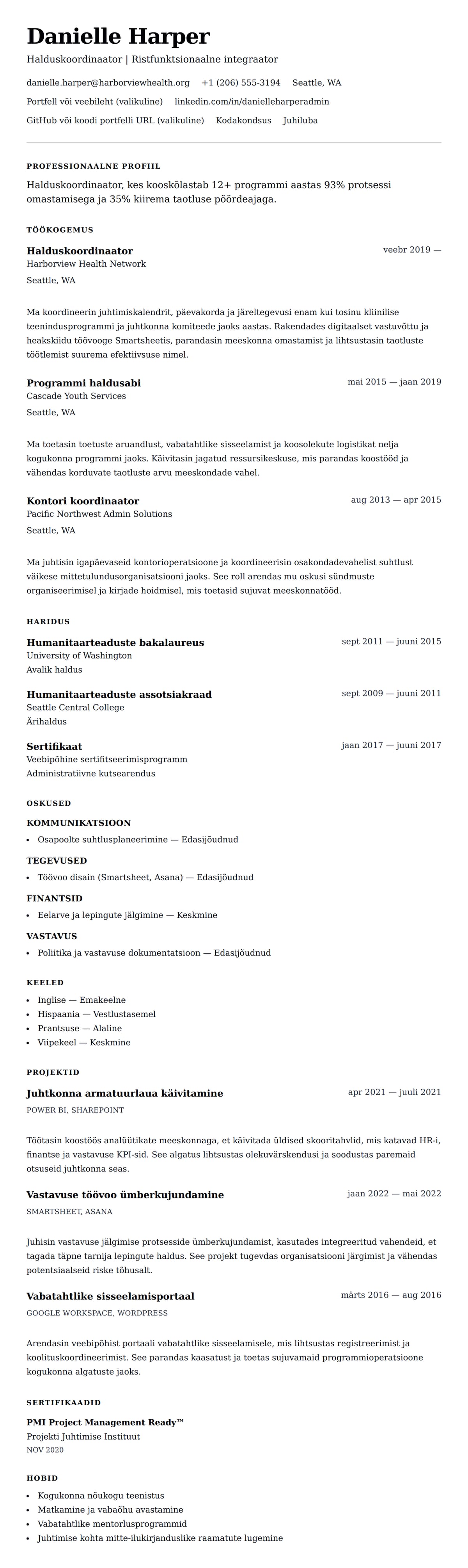 CV eelvaade Halduskoordinaator CV näidis jaoks