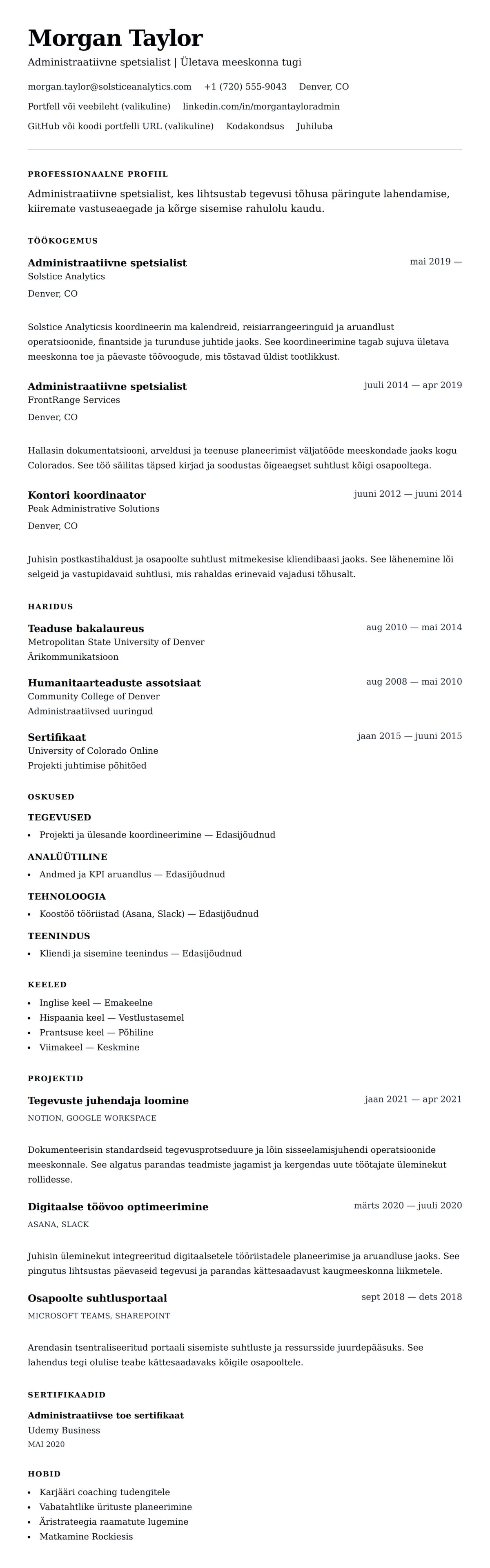 CV eelvaade Administraatiivse spetsialisti CV näide jaoks