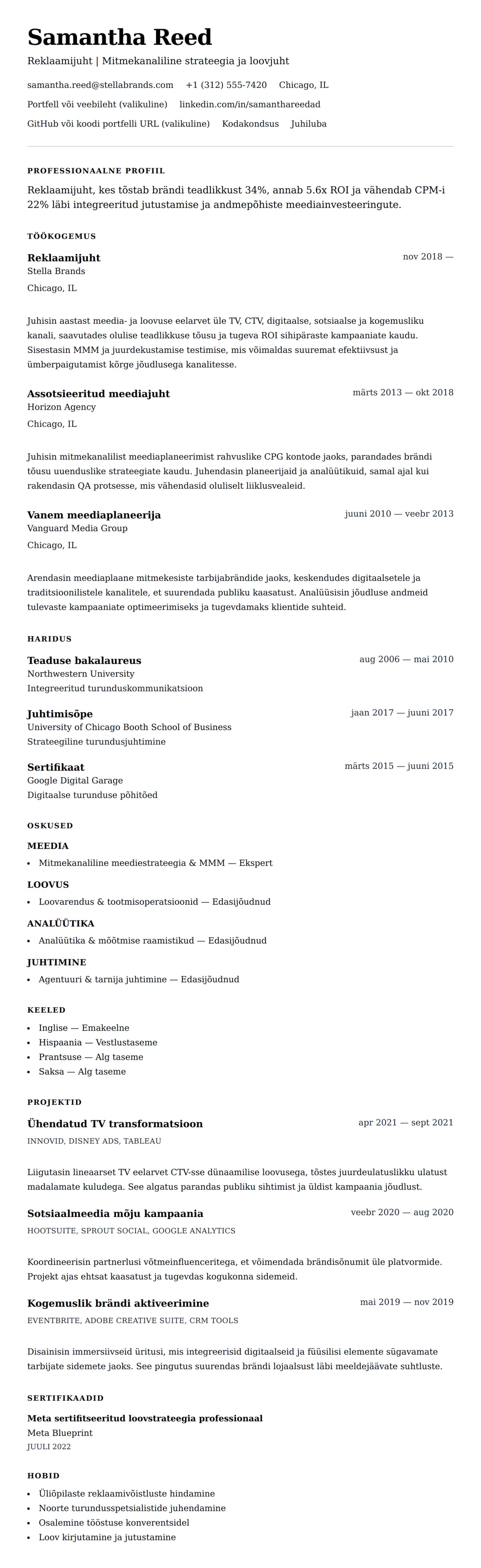 CV eelvaade Reklaamijuht CV näide jaoks