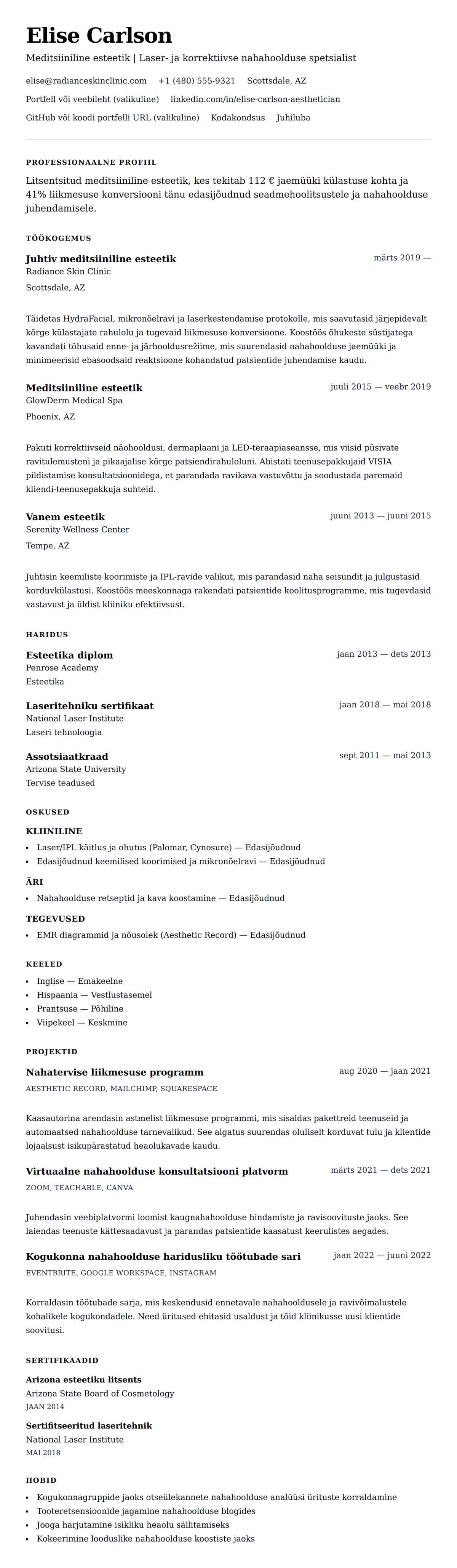 CV eelvaade Meditsiinilise esteetiku CV näide jaoks