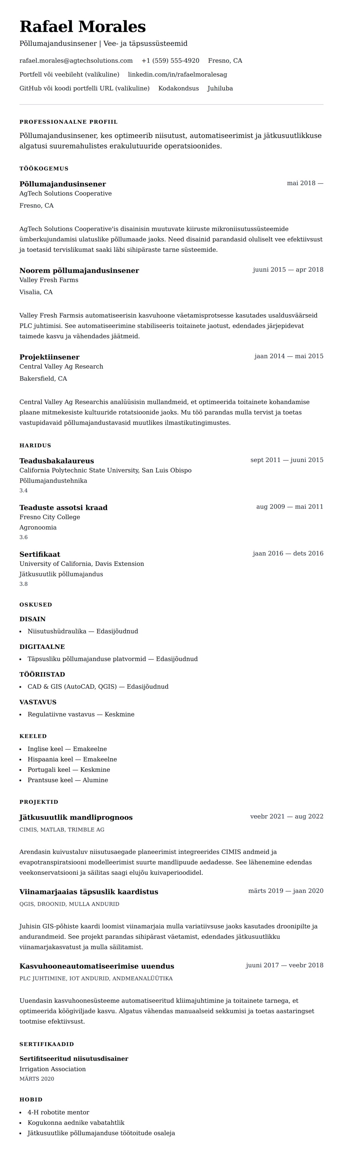 CV eelvaade Põllumajandusinseneri CV näide jaoks