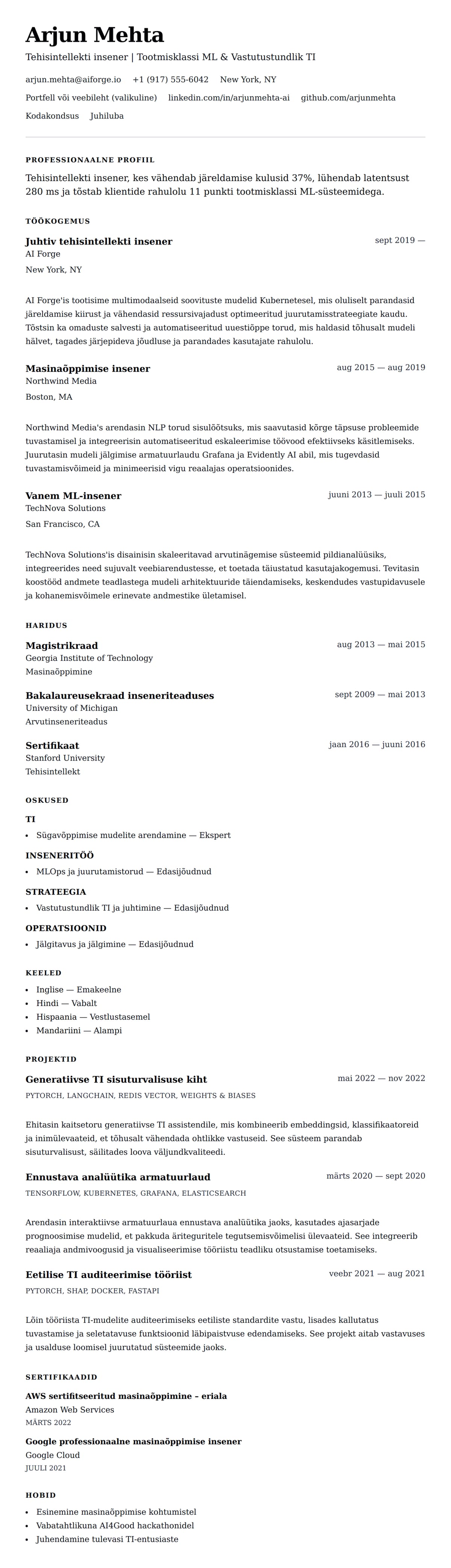 CV eelvaade Tehisintellekti inseneri CV näide jaoks