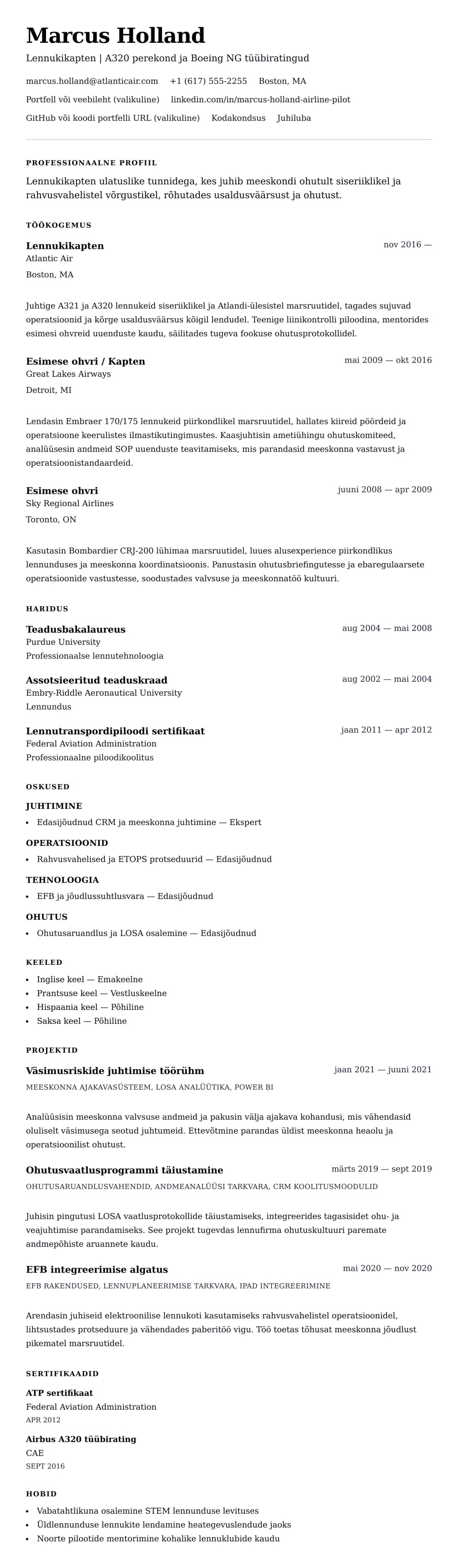 CV eelvaade Lennukipiloodi CV näidis jaoks