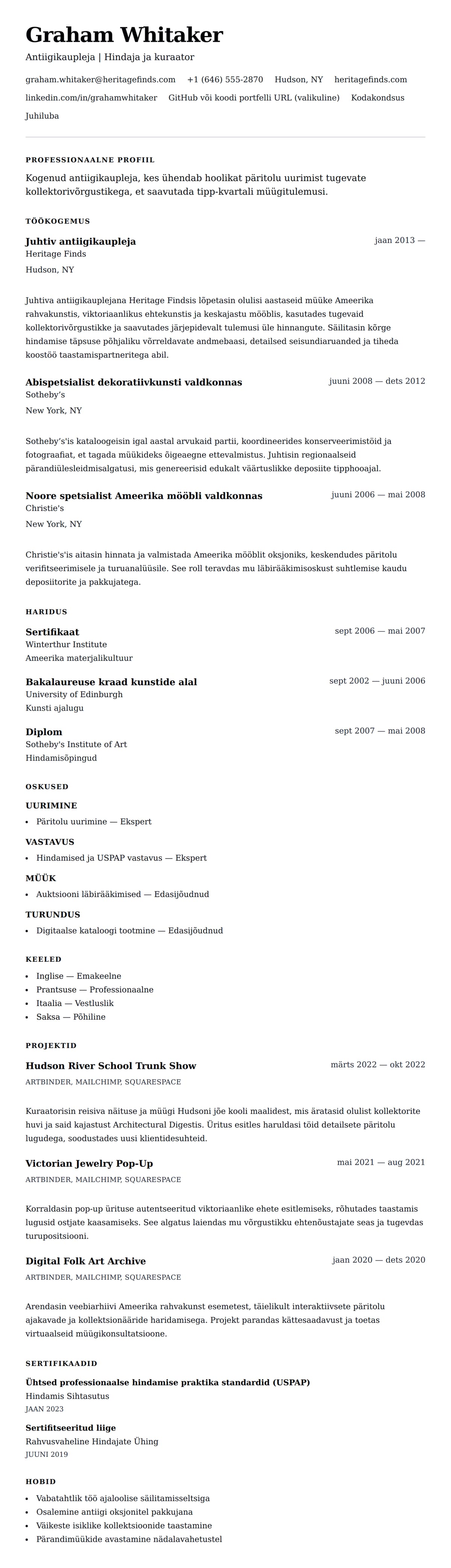 CV eelvaade Antiigikaupleja CV näide jaoks