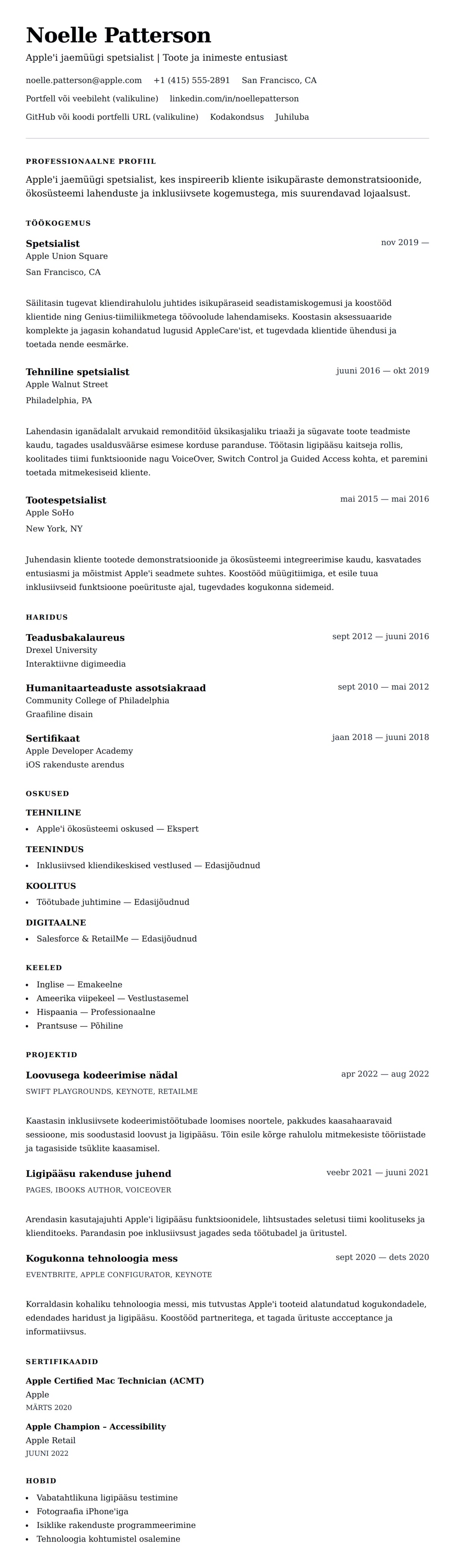 CV eelvaade Apple'i jaemüügi spetsialisti CV näide jaoks