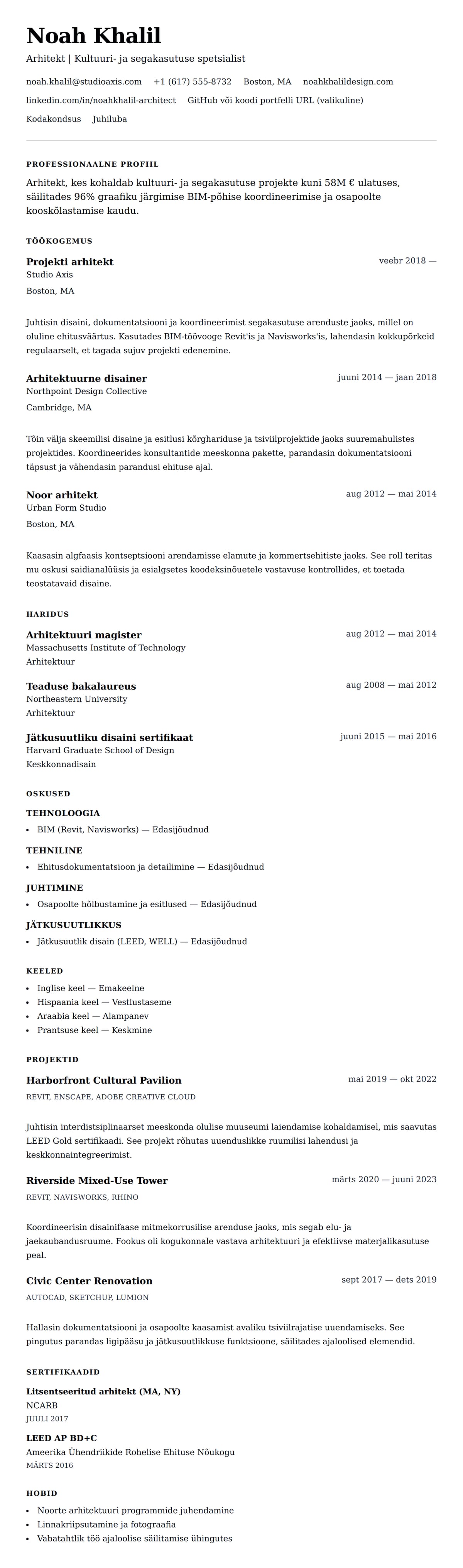 CV eelvaade Arhitekti CV näidis jaoks