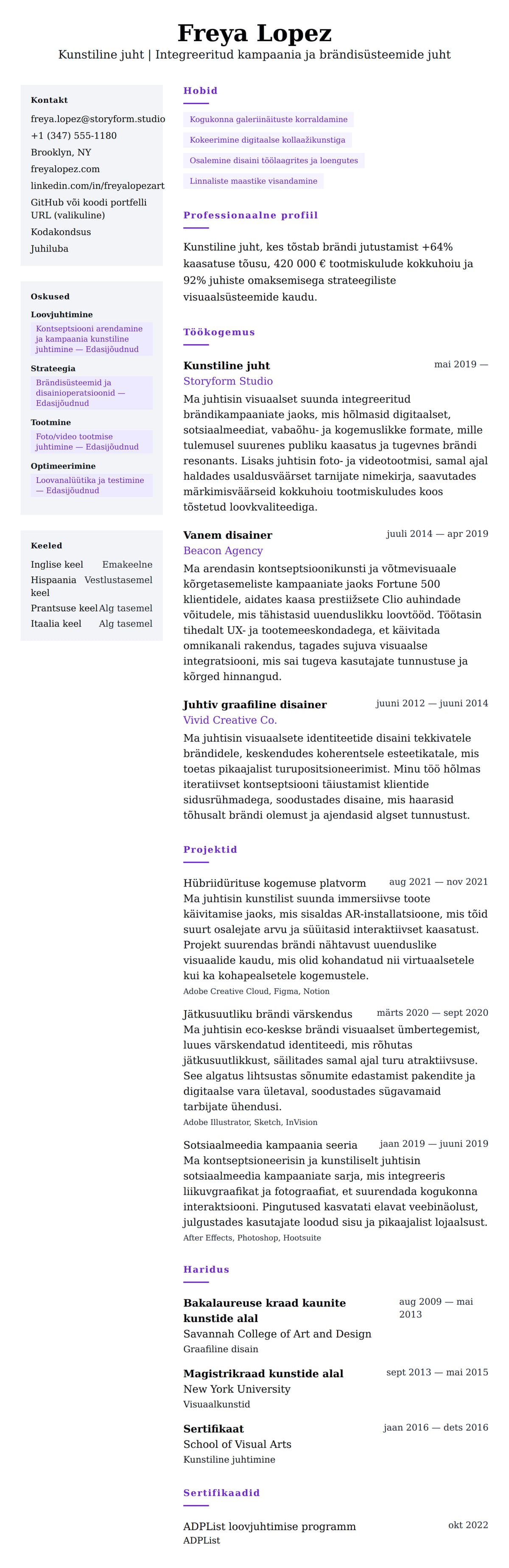CV eelvaade Kunstilise juhataja CV näide jaoks