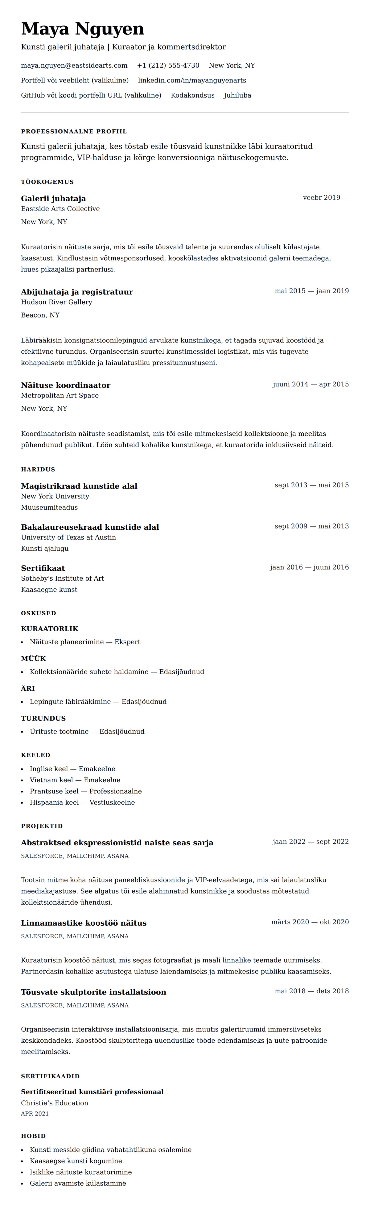 CV eelvaade Kunsti galerii juhataja CV näide jaoks
