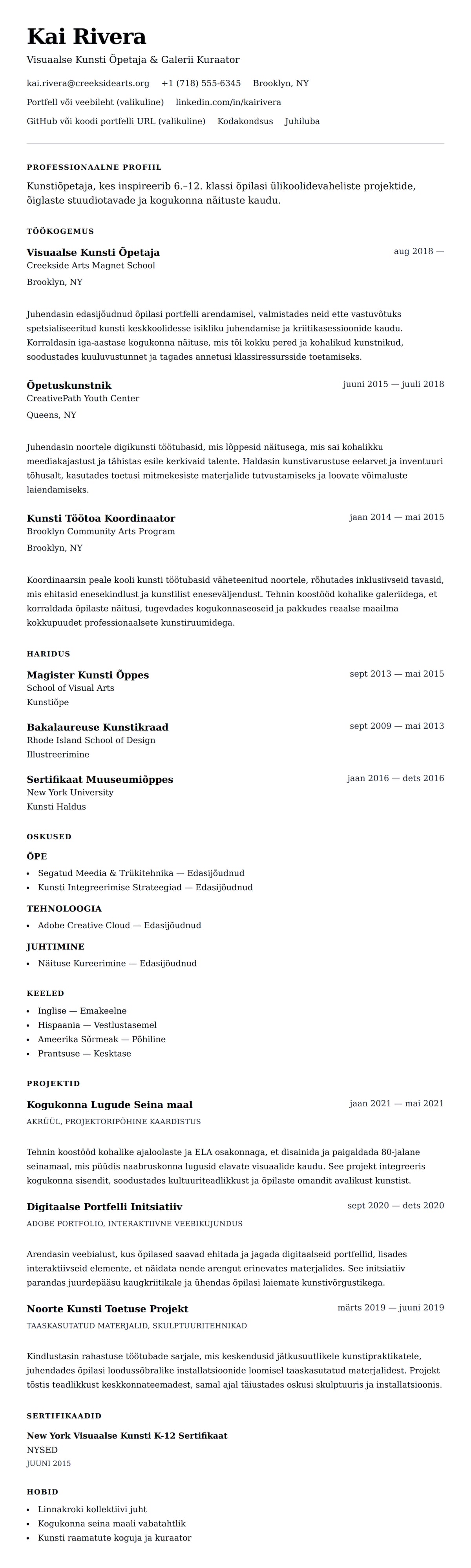 CV eelvaade Kunstiõpetaja CV Näidis jaoks